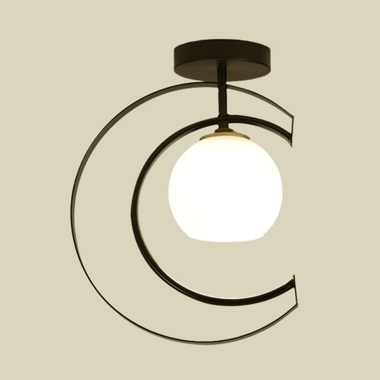 Modern Globe Semi Flush Mount Ceiling Lamp - White Glass 1 - Light Black With Moon Iron Frame
