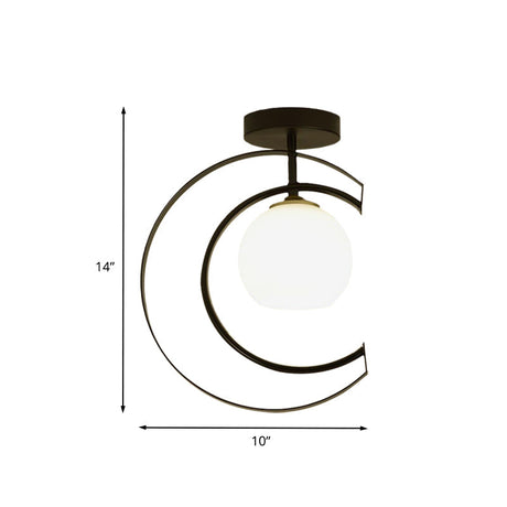 Modern Globe Semi Flush Mount Ceiling Lamp - White Glass 1-Light Black With Moon Iron Frame