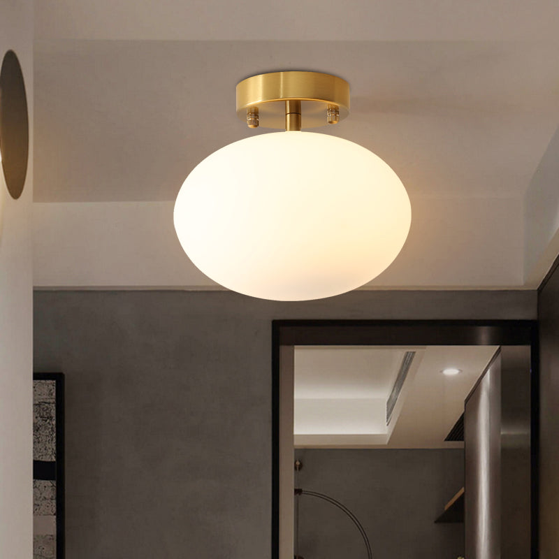 Minimalist Gold Oval Semi Flush Ceiling Light - 1 - Light Cream Glass Lamp For Bedroom