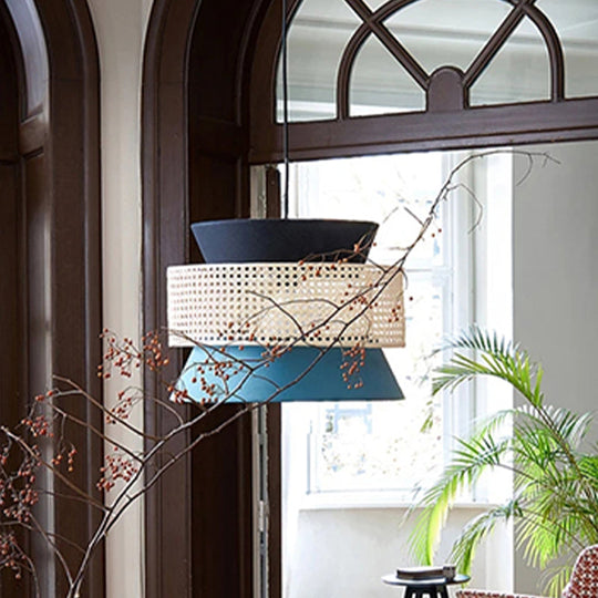 Modern Hourglass Restaurant Ceiling Pendant Light - 1 Black And Blue With Rattan Decor