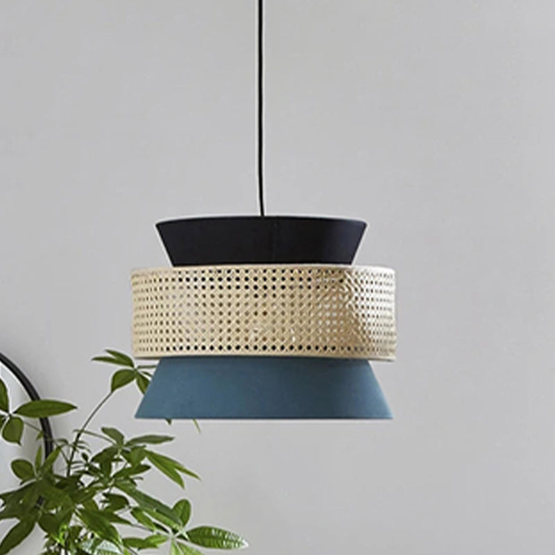 Modern Hourglass Restaurant Ceiling Pendant Light - 1 Black And Blue With Rattan Decor
