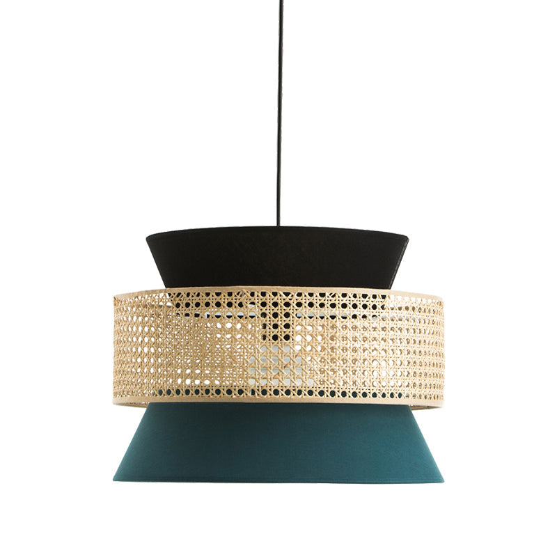 Modern Hourglass Restaurant Ceiling Pendant Light - 1 Black And Blue With Rattan Decor