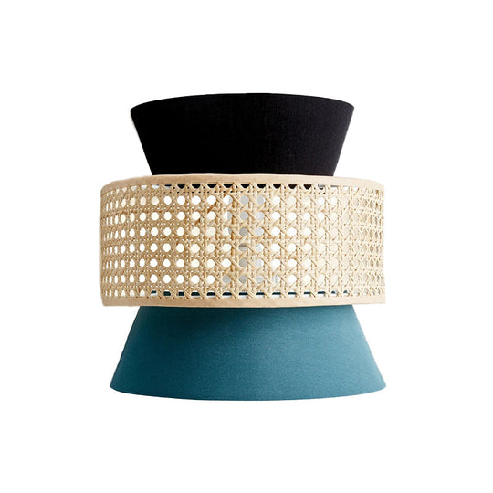 Minimalist Dual Cone Wall Lamp With Fabric Shade | Black And Blue Sconce Lighting In Rattan Design