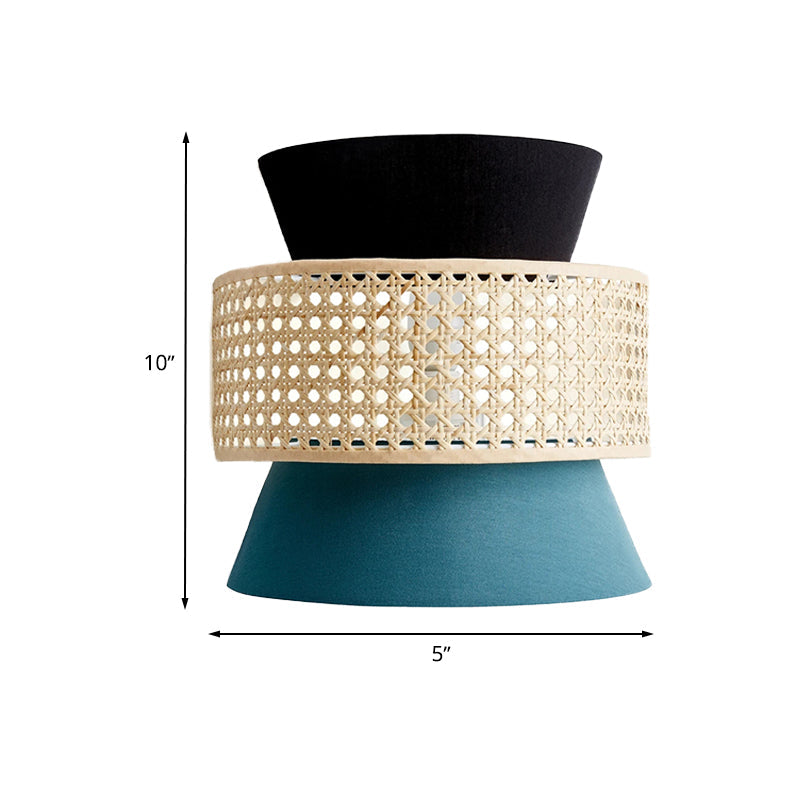 Minimalist Dual Cone Wall Lamp With Fabric Shade | Black And Blue Sconce Lighting In Rattan Design