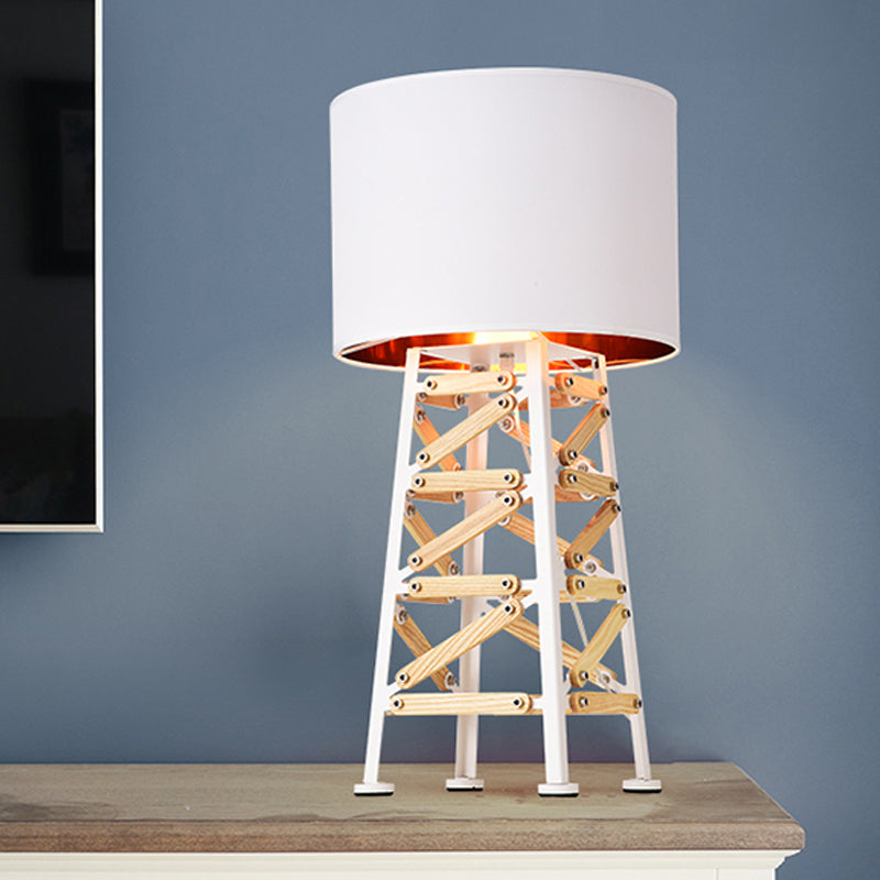 Modernist Tower Nightstand Lamp - 1 Head Metal Light In White/Black With Fabric Shade White