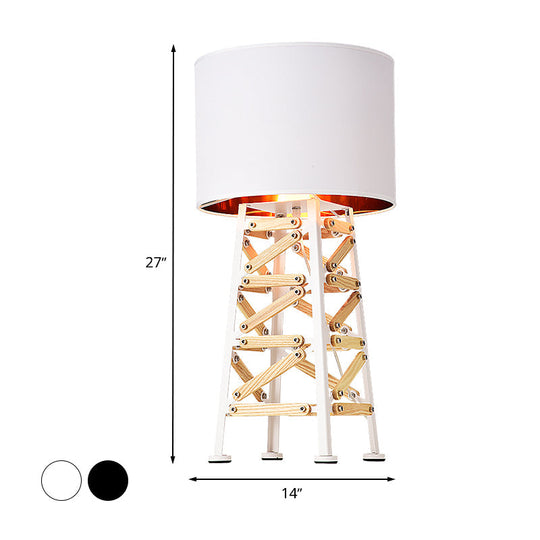 Modernist Tower Nightstand Lamp - 1 Head Metal Light In White/Black With Fabric Shade