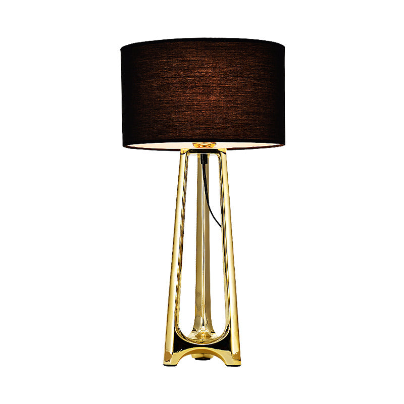 Modern Metal Tripod Table Light With Black Drum Fabric Shade Gold Finish