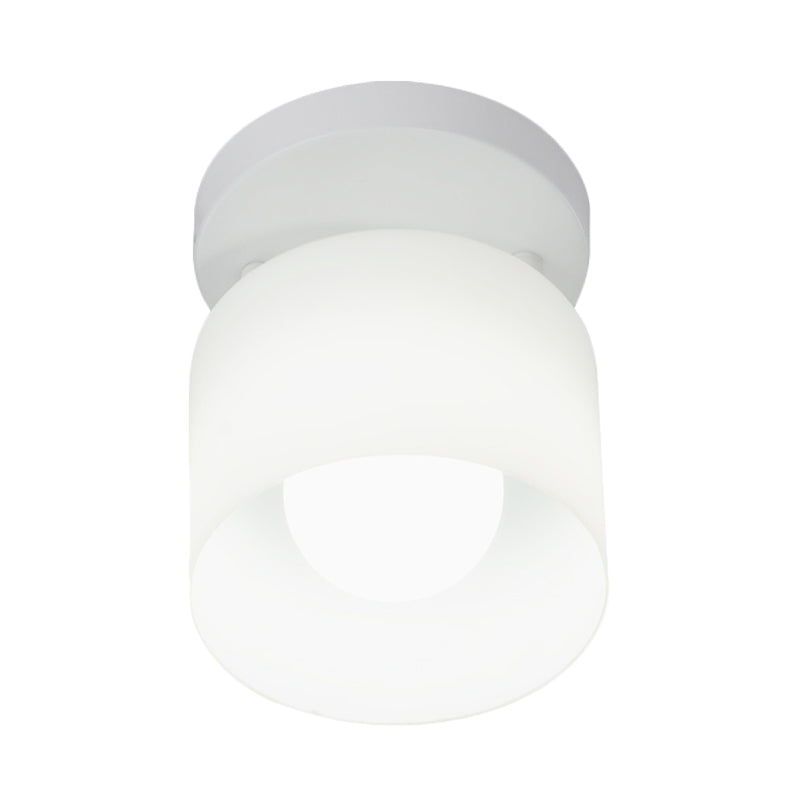 White Glass Cylinder Flush Ceiling Light With Simple Design And 1 Bulb