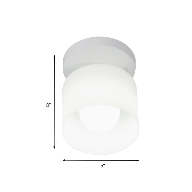 White Glass Cylinder Flush Ceiling Light With Simple Design And 1 Bulb