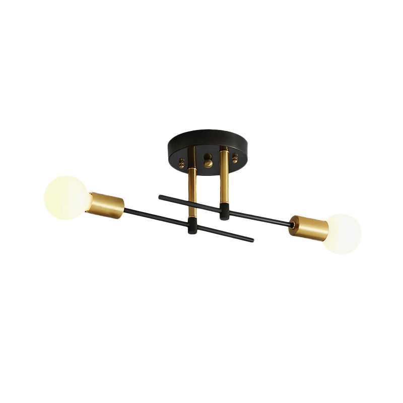 Black Iron Linear Semi Flush Mount Ceiling Light With 2 Bulbs - Minimalist Bedroom Fixture