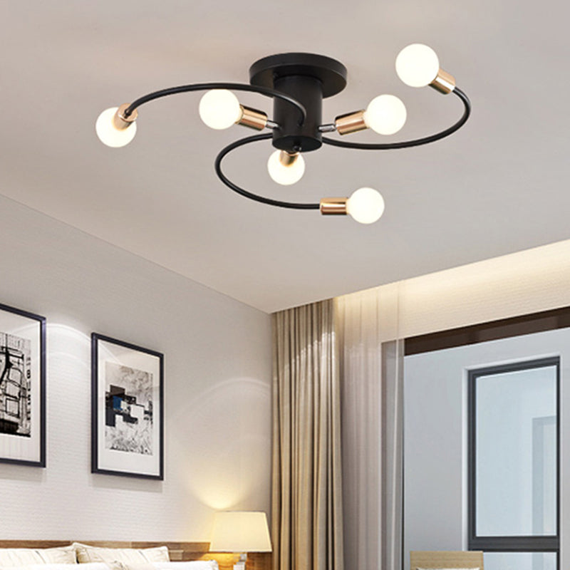 Modern Spiral Arm Semi Flush Lighting | 6 - Bulb Black & Gold Ceiling Lamp