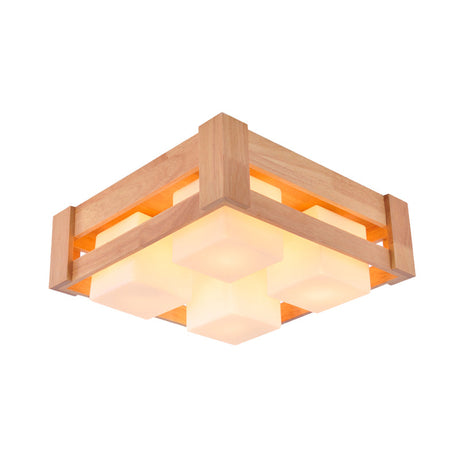 Modern White Glass Square Flushmount Led Lamp With Wood Accents For Living Room