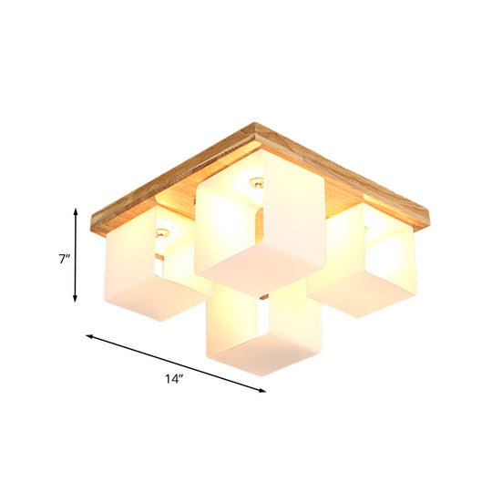 Japanese White Glass Wood Led Flush Ceiling Cube Frame Fixture - 4-Head Mount Lighting