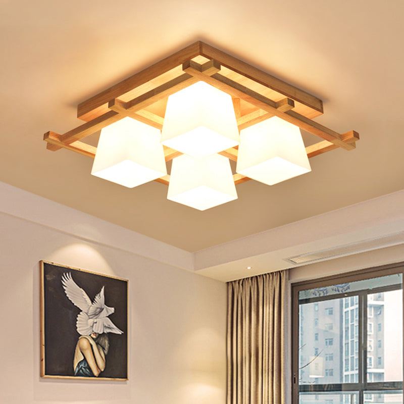 Trapezoid Glass Flush Light: Japanese 4/6-Bulb Ceiling Fixture With Wood Grid Frame 4 / White