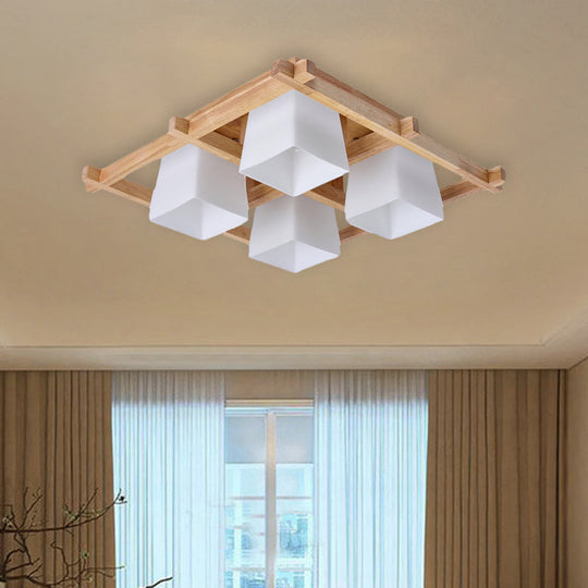Trapezoid Glass Flush Light: Japanese 4/6-Bulb Ceiling Fixture With Wood Grid Frame