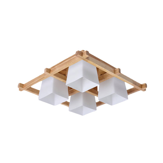 Trapezoid Glass Flush Light: Japanese 4/6-Bulb Ceiling Fixture With Wood Grid Frame