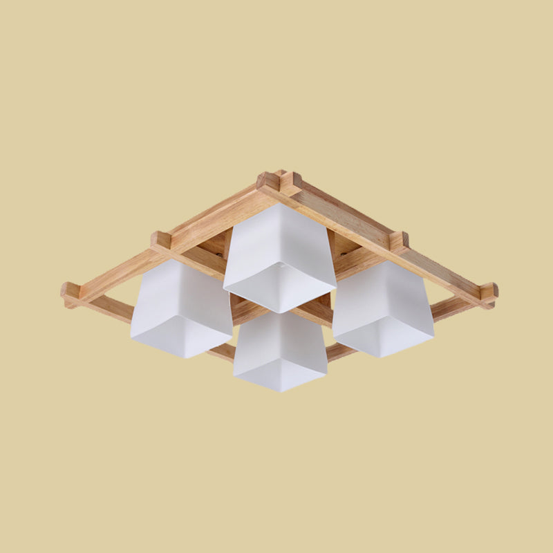 Trapezoid Glass Flush Light: Japanese 4/6-Bulb Ceiling Fixture With Wood Grid Frame