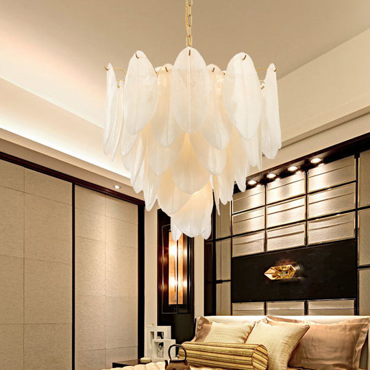 Contemporary White Textured Glass Leaf Pendant Chandelier - Gold Finish 6 Bulb Bedroom Suspension