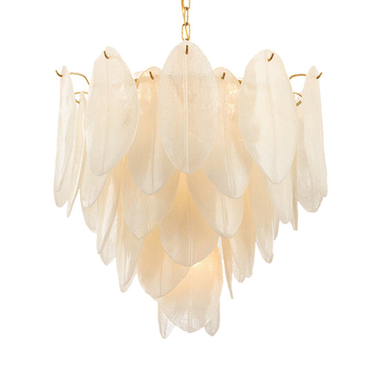 Contemporary White Textured Glass Leaf Pendant Chandelier - Gold Finish 6 Bulb Bedroom Suspension
