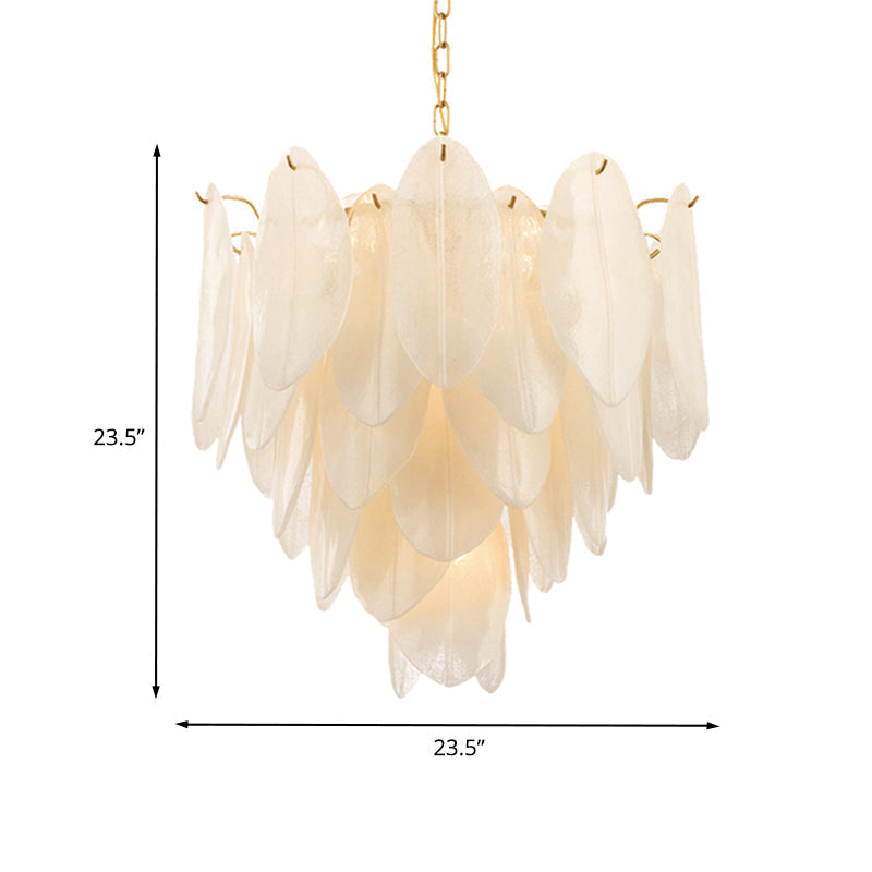 Contemporary White Textured Glass Leaf Pendant Chandelier - Gold Finish 6 Bulb Bedroom Suspension