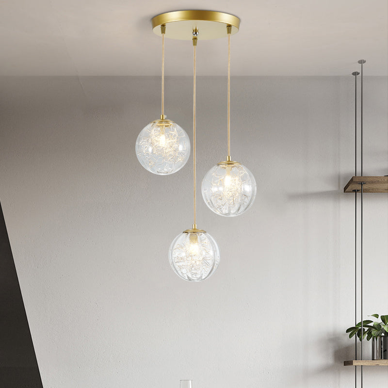 Minimalist Pumpkin Ball Pendant Light - Clear Glass 3 Lights Gold Finish Metal Line Deco