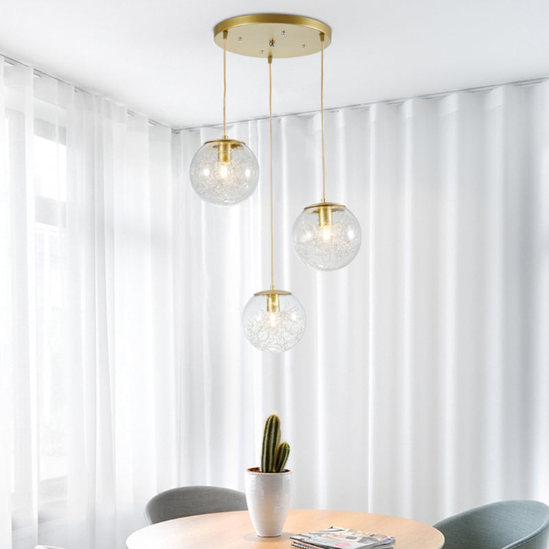 Minimalist Pumpkin Ball Pendant Light - Clear Glass 3 Lights Gold Finish Metal Line Deco
