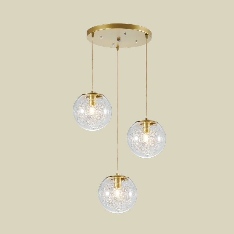Gold Metal Line Deco Pumpkin Ball Pendant With Clear Glass - 3-Light Minimalist Hanging Lamp For