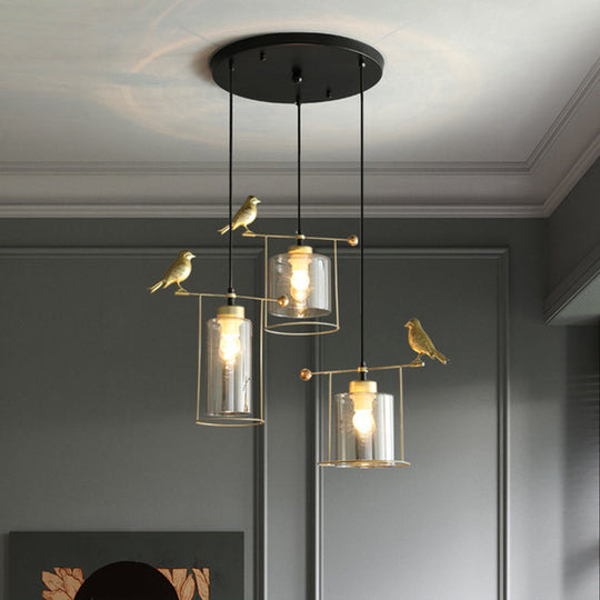 Cream/Smoke Gray Glass Dining Room Pendant With 3 Bulbs - Modern Suspension Lamp Gold Bird