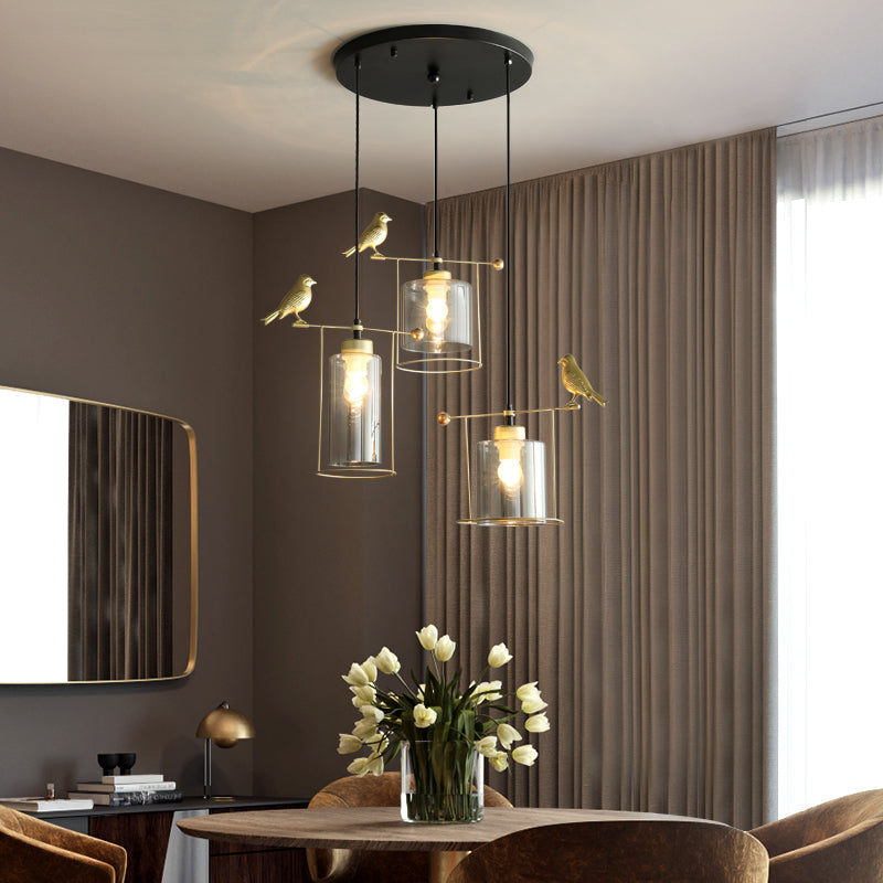 Cream/Smoke Gray Glass Dining Room Pendant With 3 Bulbs - Modern Suspension Lamp Gold Bird