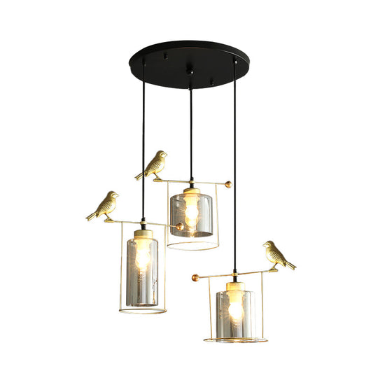Cylinder Cluster Pendant Dining Room Lamp - Cream/Smoke Gray Glass Modernism Design With Gold Bird