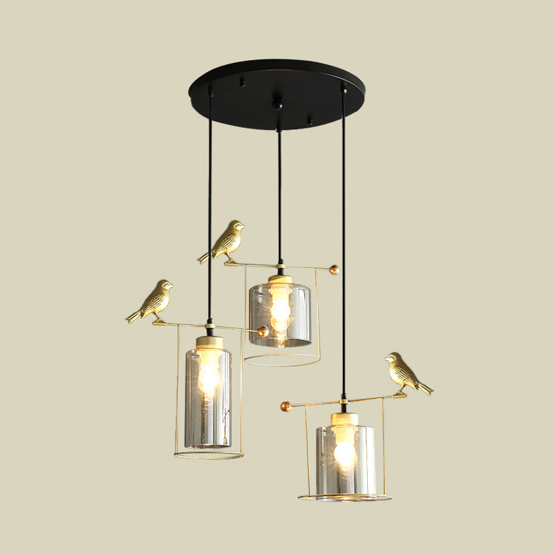 Cylinder Cluster Pendant Dining Room Lamp - Cream/Smoke Gray Glass Modernism Design With Gold Bird