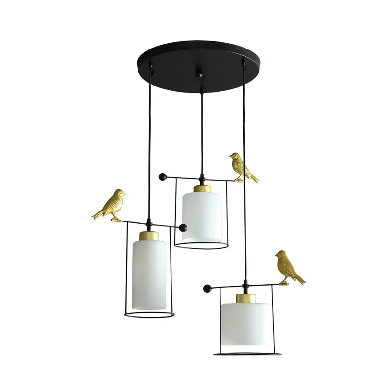 Cylinder Cluster Pendant Dining Room Lamp - Cream/Smoke Gray Glass Modernism Design With Gold Bird