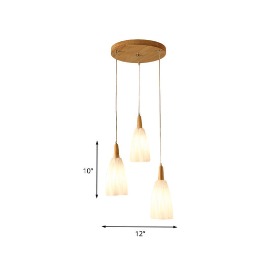 Japanese 3-Light Glass Pendant With Prismatic Cluster In White Hangs From Wood Canopy