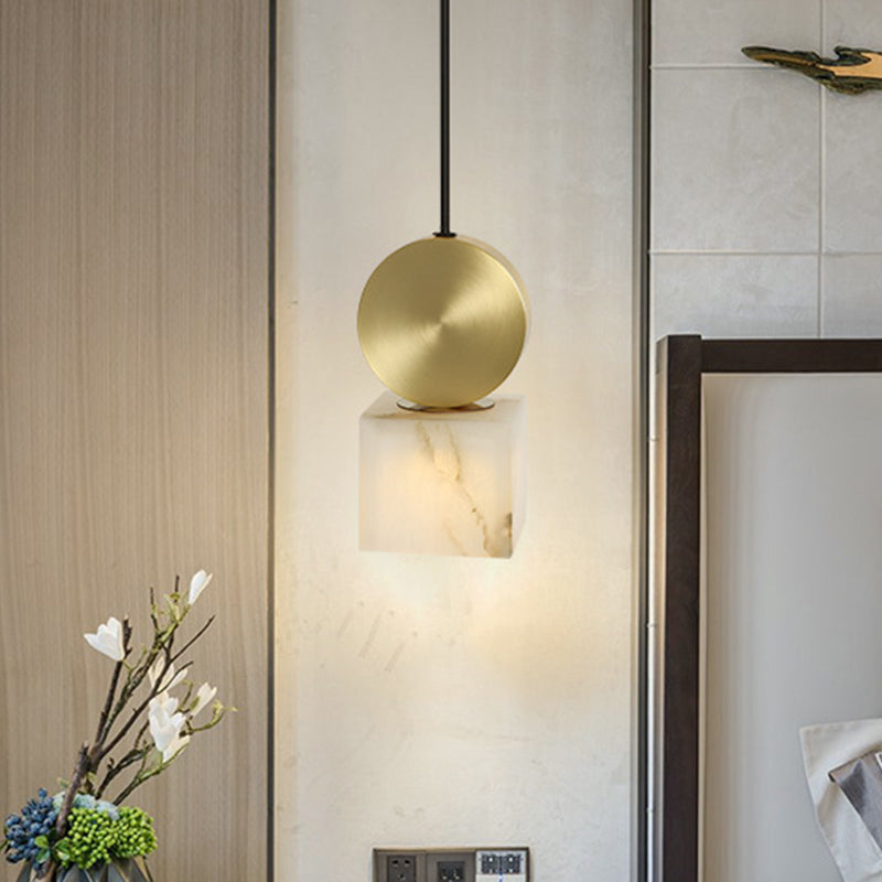 Modern Marble Bedside Pendant Lamp Kit: White With Gold Accent / Square Plate