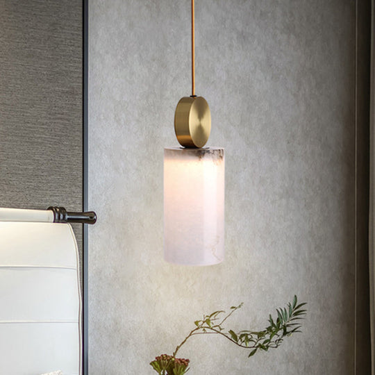 Modern Marble Bedside Pendant Lamp Kit: White With Gold Accent / Cylinder