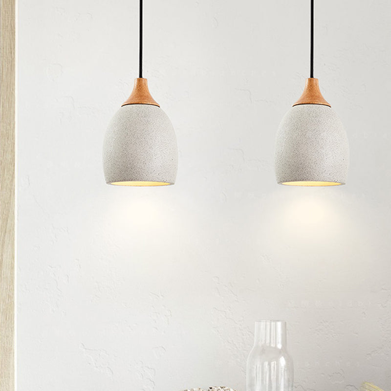 Nordic Domed Cement Pendant Light With Wood Top For Coffee Shops - Grey (1 Bulb)