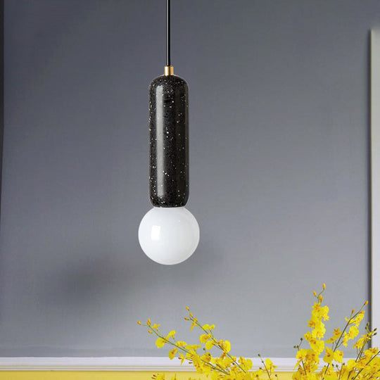 Minimalist Marble Capsule Pendant With Opal Glass Shade - 1 Light Bedside Hanging Lamp In