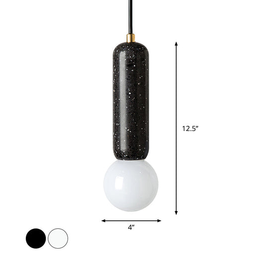 Minimalist Marble Capsule Pendant With Opal Glass Shade - 1 Light Bedside Hanging Lamp In