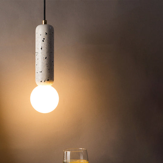 Minimalist Marble Capsule Pendant With Opal Glass Shade - 1 Light Bedside Hanging Lamp In