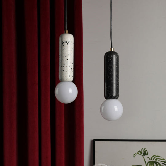 Minimalist Marble Capsule Pendant With Opal Glass Shade - 1 Light Bedside Hanging Lamp In