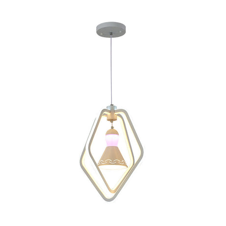 Pendant Lamp: Minimalist Led White Bell Inside Acrylic Dual Pentagon Frame Hanging Lighting