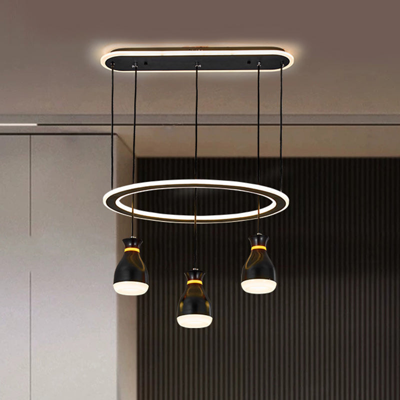 Modernist Wine Jar Led Pendant Light - Black Acrylic 3 Lights Dining Room Lamp With Loop Detail