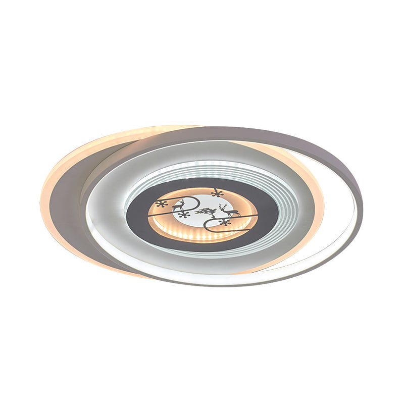 Modern Led Acrylic Flushmount Light Fixture - White Circular With Deer And Tree Pattern