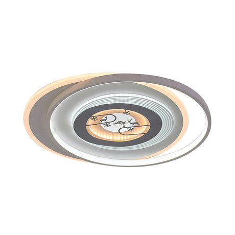 Modern Led Acrylic Flushmount Light Fixture - White Circular With Deer And Tree Pattern