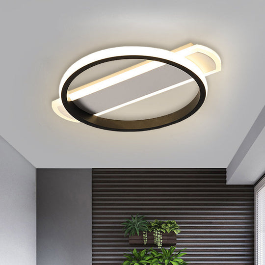 Led Acrylic Flush Ceiling Lamp - White/Black Ring Lighting With Arc Rectangle Canopy In Warm/White
