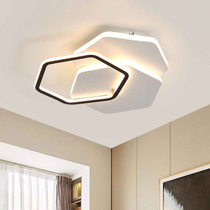 Hexagon Flush Mount Led Ceiling Lamp - Black And White Modernist Acrylic Fixture White/Warm Light