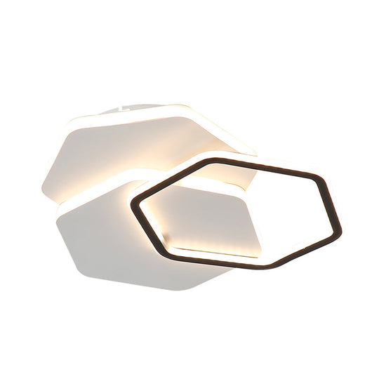 Hexagon Flush Mount Led Ceiling Lamp - Black And White Modernist Acrylic Fixture White/Warm Light