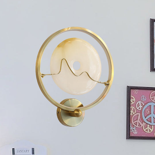 Jade Stone Led Wall Sconce With Gold Ring For Contemporary Clothing Store Lighting
