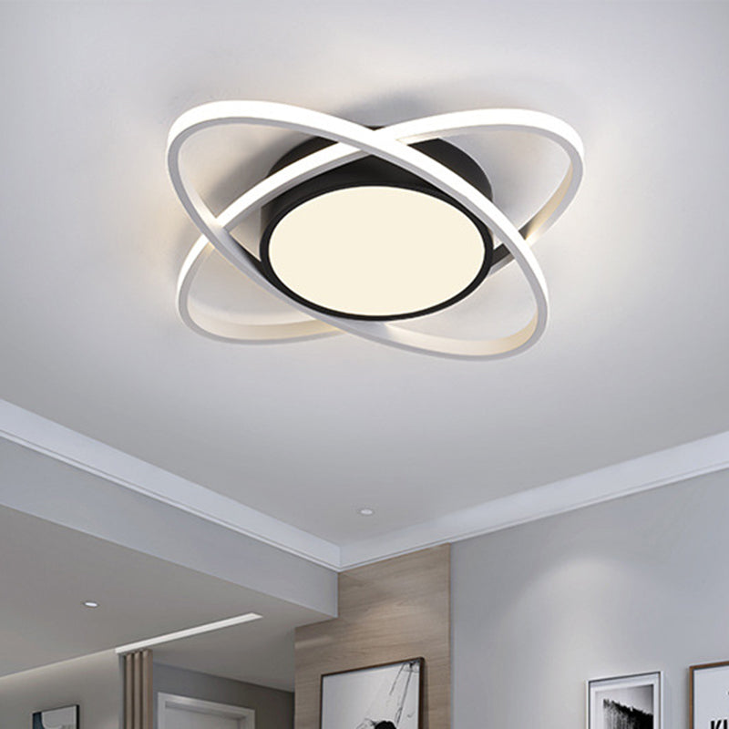 Modern Drum Flush Mount Lighting: Acrylic Led Fixture In Black/White With Cross Ring 20.5’/28’
