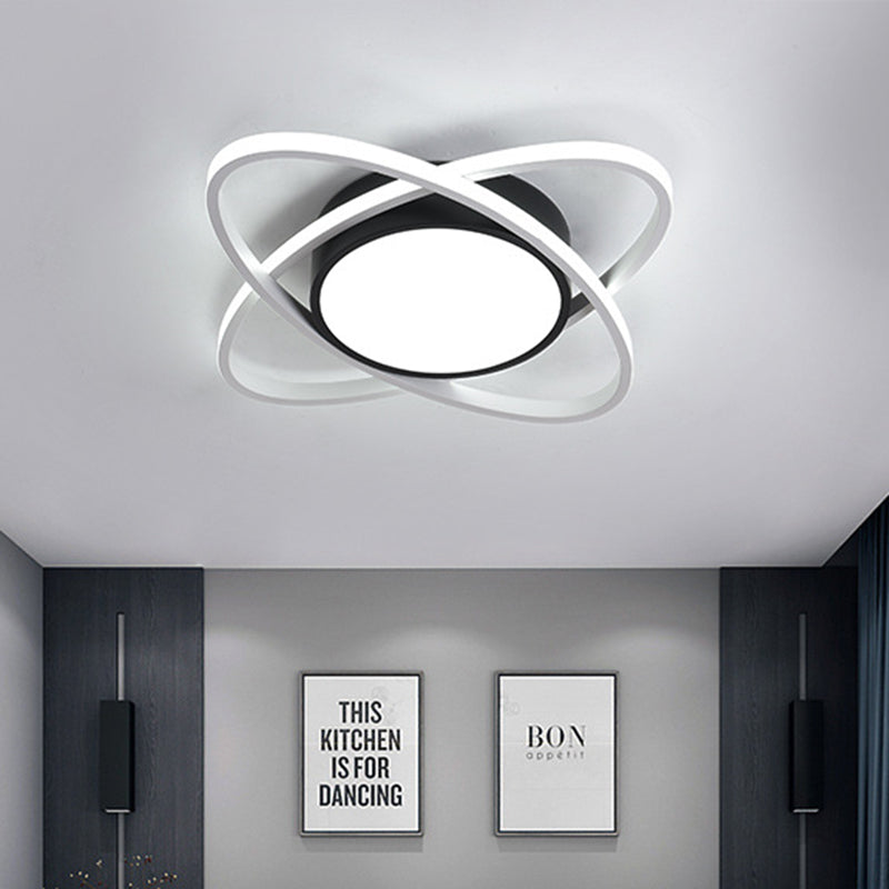 Modern Drum Flush Mount Lighting: Acrylic Led Fixture In Black/White With Cross Ring 20.5/28 Width